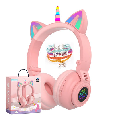 HiFi Girls Wireless Unicorn headphones with Mic phone Stereo Bass Cute Children Music Kid Cat Bluetooth Headsets Support SD Card