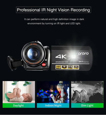 Video Camera 4K Digital Camcorder Professional, Ordro AC3 YouTube Blogger Vlog Cameras Filmadora with Microphone 64GB SD Card