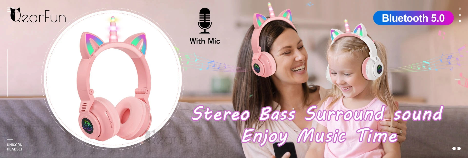 HiFi Girls Wireless Unicorn headphones with Mic phone Stereo Bass Cute Children Music Kid Cat Bluetooth Headsets Support SD Card - Universal Market