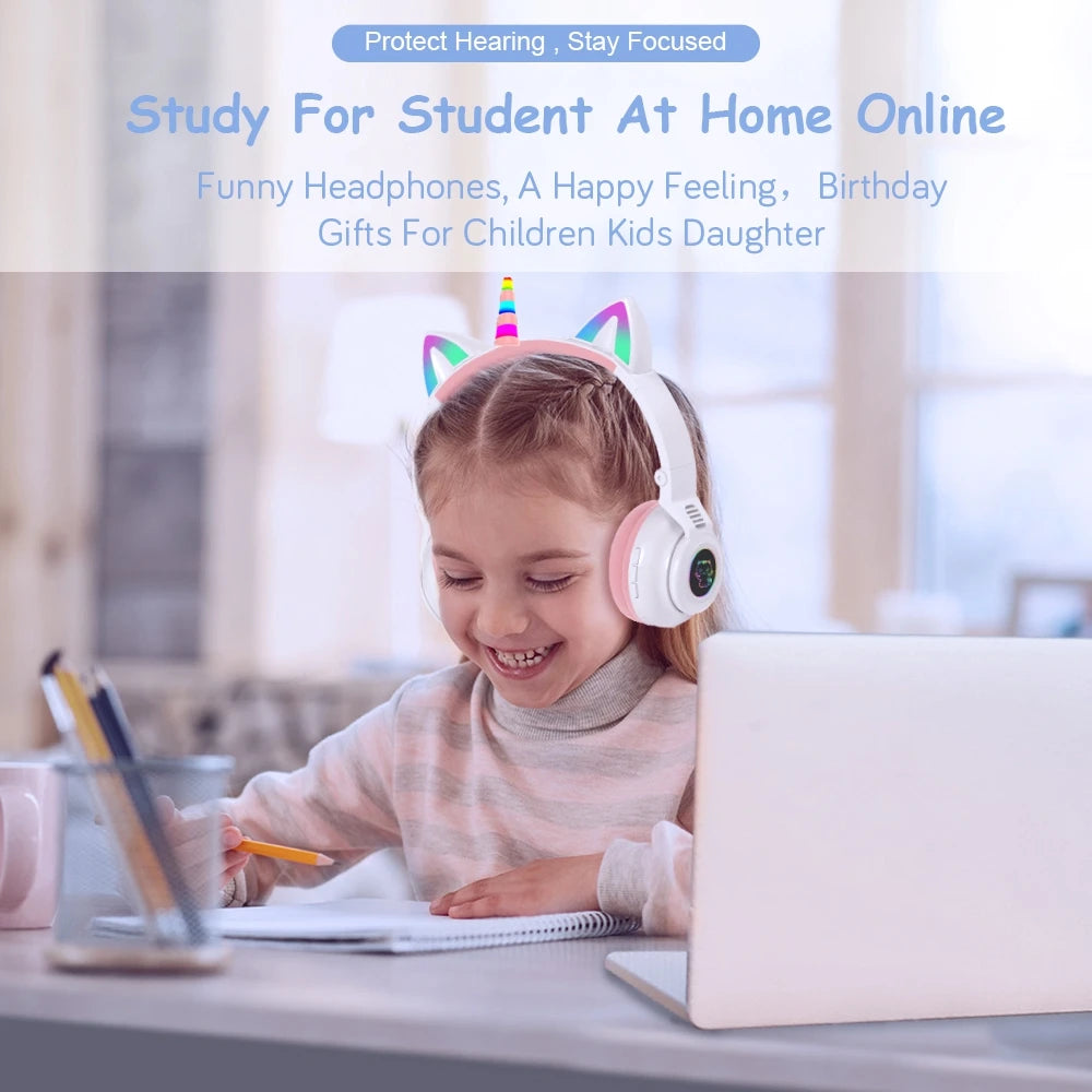 HiFi Girls Wireless Unicorn headphones with Mic phone Stereo Bass Cute Children Music Kid Cat Bluetooth Headsets Support SD Card - Universal Market