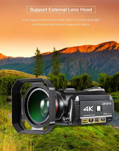 Video Camera 4K Digital Camcorder Professional, Ordro AC3 YouTube Blogger Vlog Cameras Filmadora with Microphone 64GB SD Card