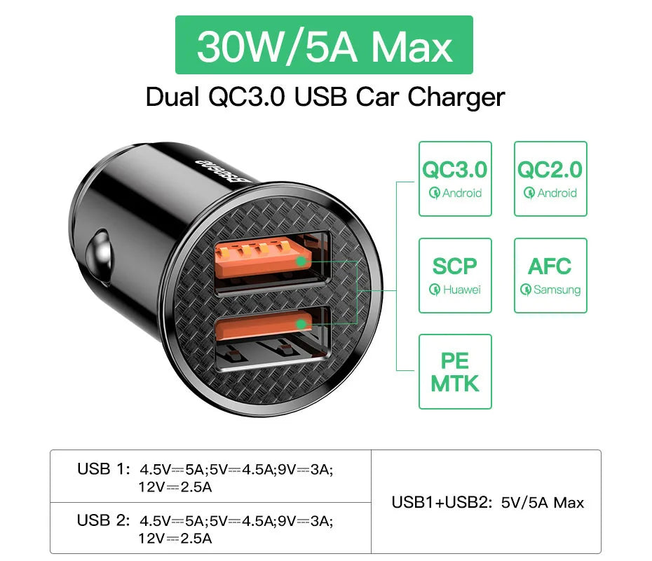 Baseus 30W USB Car Charger Quick Charge 4.0 3.0 FCP SCP USB PD For Xiaomi iPhone 12 13 14 15 Pro Fast Charging Car Phone Charger
