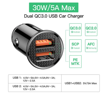 Baseus 30W USB Car Charger Quick Charge 4.0 3.0 FCP SCP USB PD For Xiaomi iPhone 12 13 14 15 Pro Fast Charging Car Phone Charger
