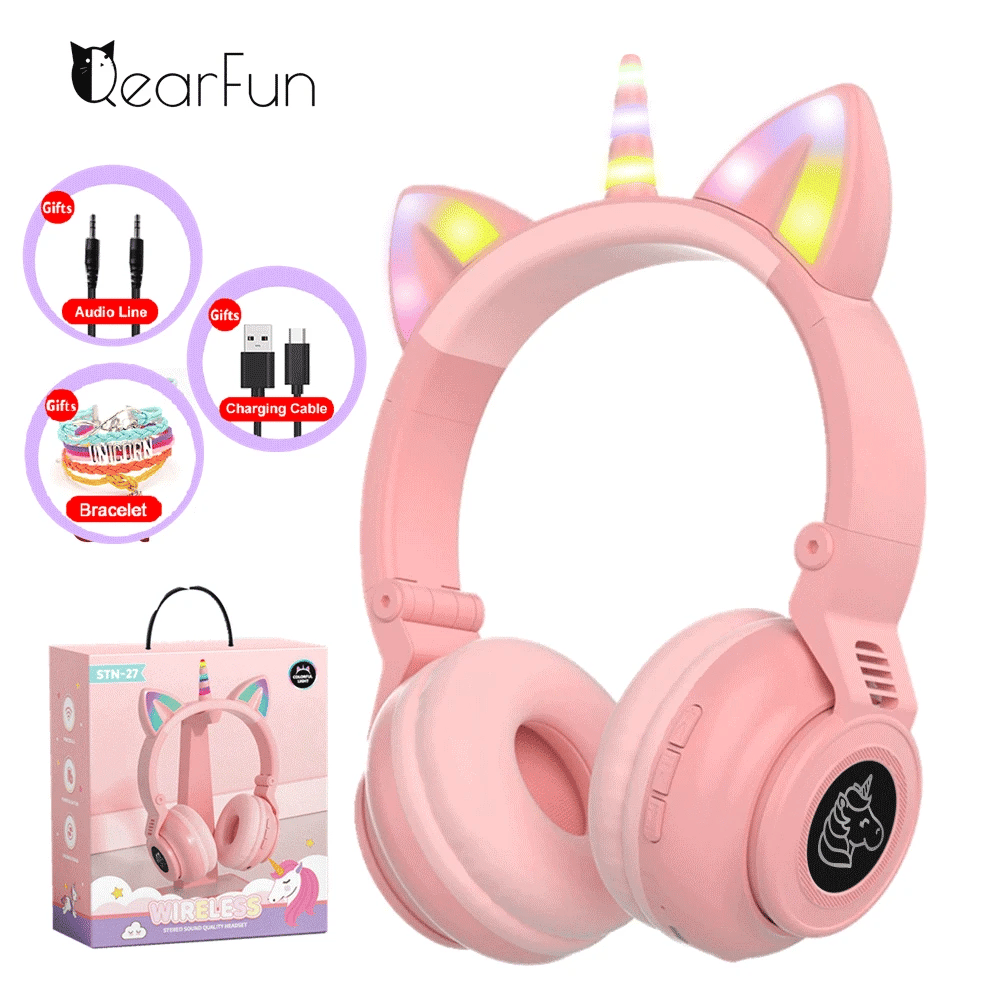 HiFi Girls Wireless Unicorn headphones with Mic phone Stereo Bass Cute Children Music Kid Cat Bluetooth Headsets Support SD Card - Universal Market