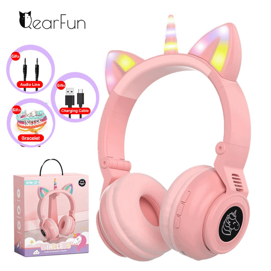 HiFi Girls Wireless Unicorn headphones with Mic phone Stereo Bass Cute Children Music Kid Cat Bluetooth Headsets Support SD Card - Universal Market