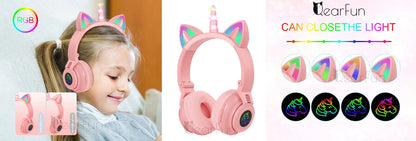 HiFi Girls Wireless Unicorn headphones with Mic phone Stereo Bass Cute Children Music Kid Cat Bluetooth Headsets Support SD Card - Universal Market