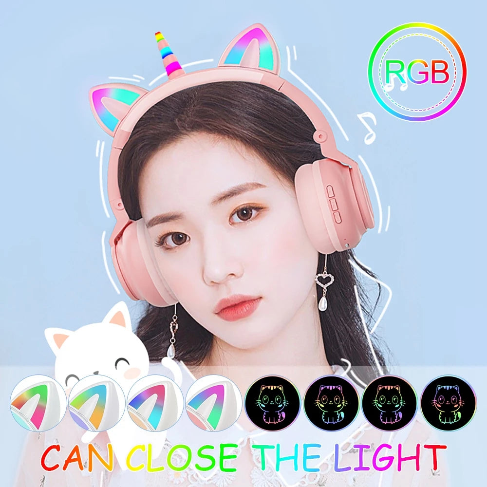HiFi Girls Wireless Unicorn headphones with Mic phone Stereo Bass Cute Children Music Kid Cat Bluetooth Headsets Support SD Card - Universal Market