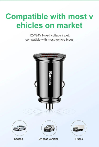 Baseus 30W USB Car Charger Quick Charge 4.0 3.0 FCP SCP USB PD For Xiaomi iPhone 12 13 14 15 Pro Fast Charging Car Phone Charger