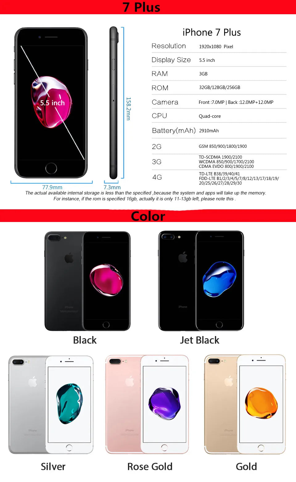 Original Unlocked Apple IPhone 7 Plus 5.5'' 12.0MP Fingerprint LTE 3G RAM 32G/128G/256G ROM Mobile PhoneQuad Core  Cell Phone