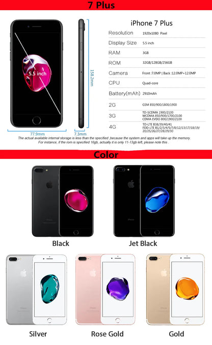 Original Unlocked Apple IPhone 7 Plus 5.5'' 12.0MP Fingerprint LTE 3G RAM 32G/128G/256G ROM Mobile PhoneQuad Core  Cell Phone