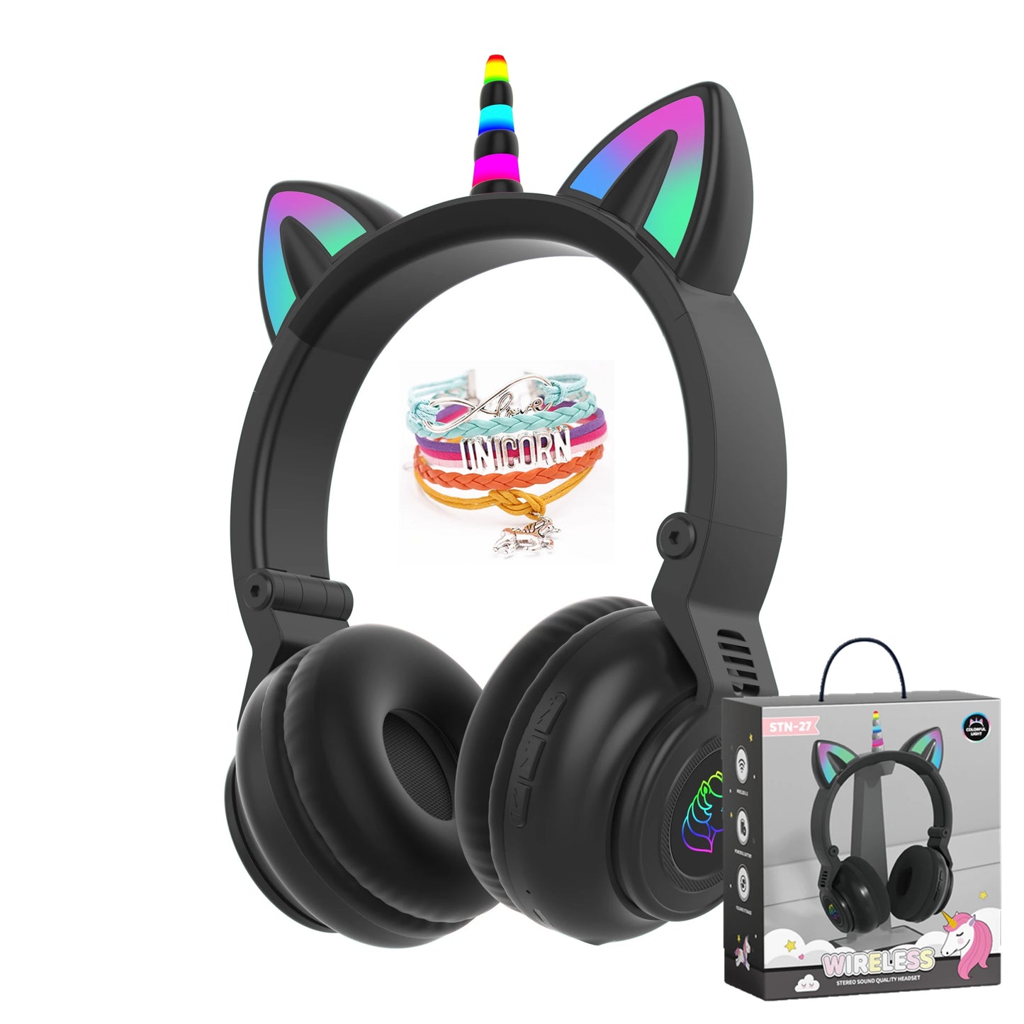 HiFi Girls Wireless Unicorn headphones with Mic phone Stereo Bass Cute Children Music Kid Cat Bluetooth Headsets Support SD Card - Universal Market
