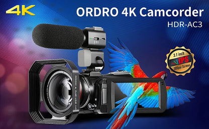 Video Camera 4K Digital Camcorder Professional, Ordro AC3 YouTube Blogger Vlog Cameras Filmadora with Microphone 64GB SD Card