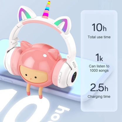 HiFi Girls Wireless Unicorn headphones with Mic phone Stereo Bass Cute Children Music Kid Cat Bluetooth Headsets Support SD Card - Universal Market