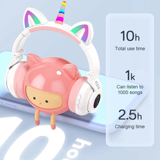 HiFi Girls Wireless Unicorn headphones with Mic phone Stereo Bass Cute Children Music Kid Cat Bluetooth Headsets Support SD Card - Universal Market