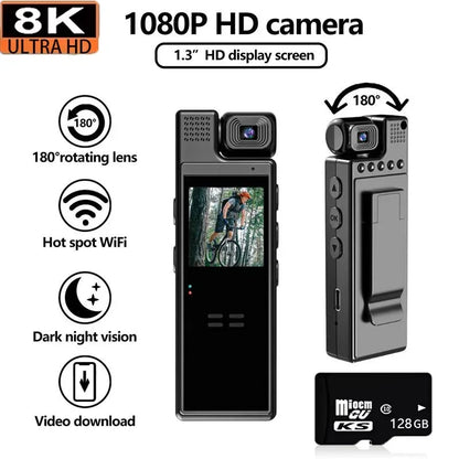 VIVO 8K HD Mini Action Camera Wifi Back Clip 180° Rotatable IR Night Vision Sports Cam Travel Bicycle Driver Video Recorder