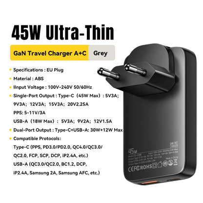 Essager Ultra Thin 65W GaN Travel Charger Quick Charge 4.0 PD3.0 PPS Portable Type C Charger For iPhone Samsung Macbook Laptop