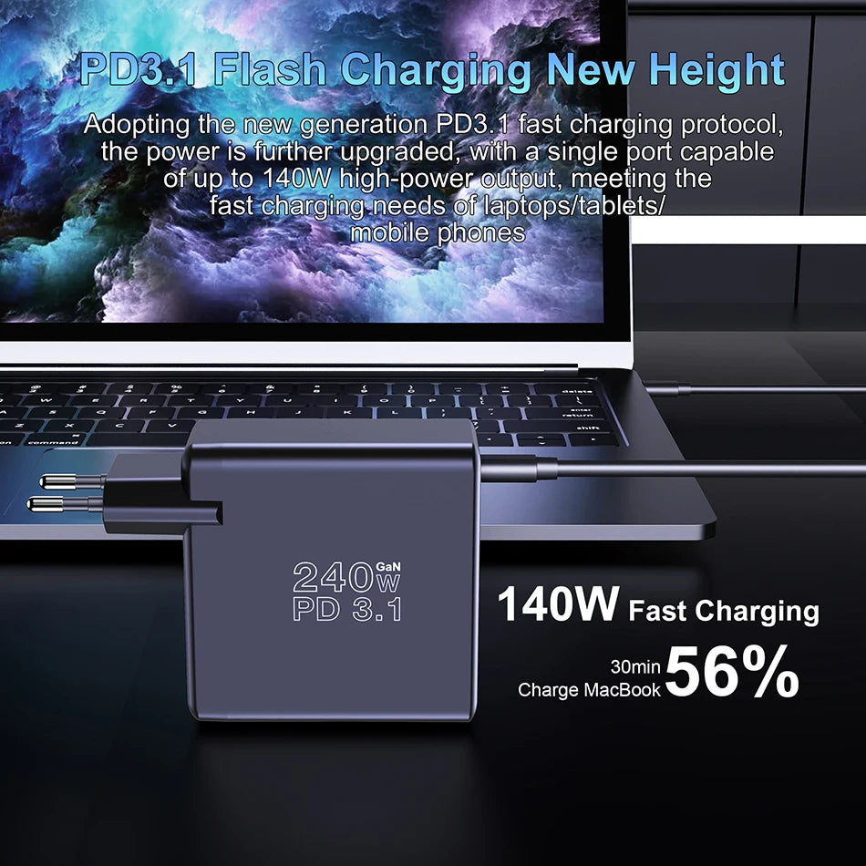 Ubigbuy 240W GaN Charger Fast Charging 140W PD3.1 PPS USB Type C Phone Quick Charger for MacBook Pro iPhone 16 Samsung Laptops