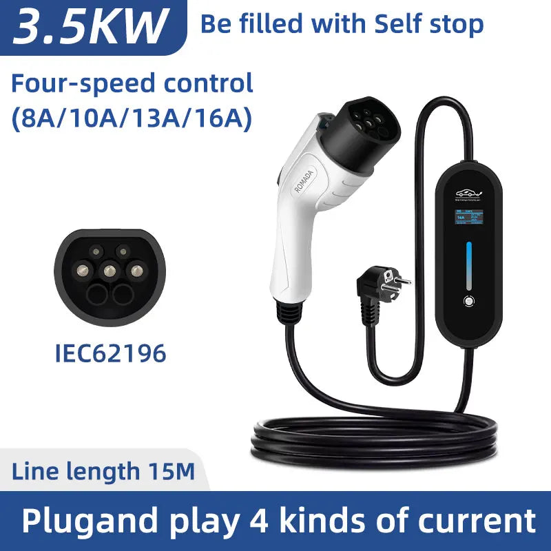 ROMADA 3.5KW 16A EV Portable Charger 3M 5M 10M 15M 20M Cable Type2 IEC62196 EVSE Wallbox Adapter EU Plug For Electric Vehicle