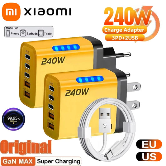 Xiaomi 240W QC3.0 PD 5 Ports GaN Fast Charger EU/US Plug Phone Charging Head Adapter with LED Light for iPhone Samsung Huawei