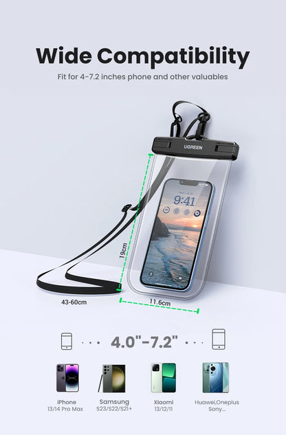 UGREEN 7.2 inch IPX8 Waterproof Phone Case Bag For iPhone 16 15 14 13 12 Pro Max Samsung Universal Swimming Protective Pouch Bag