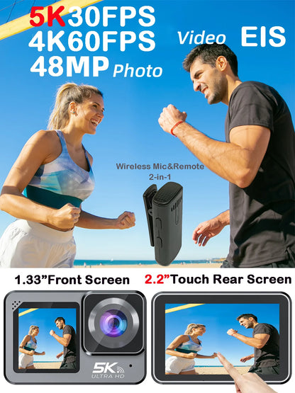 Action Camera F6W Wireless Mic 5K 4K60FPS 48MP 2.2" Touch LCD EIS Dual Screen Wi-Fi 170D Waterproof 30M 8X Zoom Sports Camera