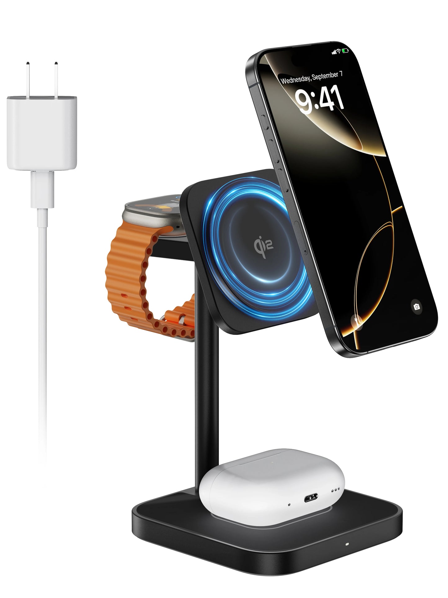 LULULOOK Qi2 3 in 1 Wireless Charging Station,Aluminum 15W Fast Mag-Safe Charger Stand for iPhone 17 16 15 14,5W for Apple Watch