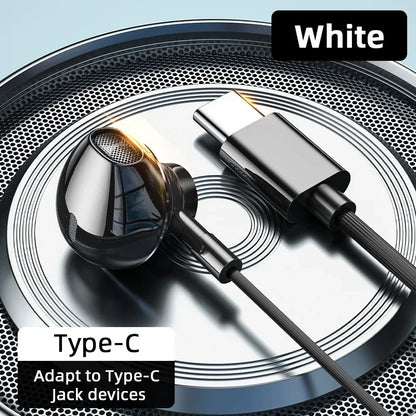 USB Type C Headphone HiFi Bass Stereo Volume Control Mic 3.5mm Wired Earbuds For Galaxy S24 S23 S22 S21 Ultra iPhone 15 Pro Max - Universal Market