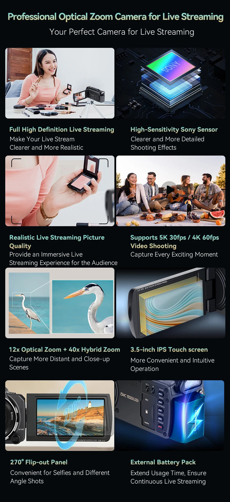 ORDRO XV80 Live Streams Digital Camera Camcorder 4K 12X Optical Zoom Big Touchscreen for Photograph YouTube Videos - Universal Market