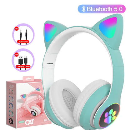 Flash Lamp Cute Cat Ears Headphone Bluetooth5.0 Stereo With Mic Support TF Card Wireless Kids Girl Earphone Birthday Gift - Universal Market