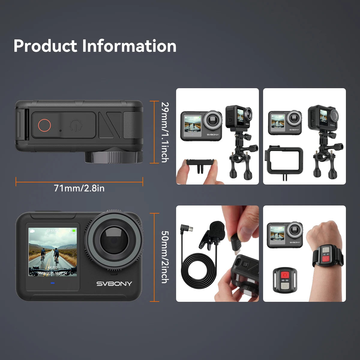 SVBONY SVGo3 Action Camera 4K30 Waterproof Dual LCD Screens Sports Camera with Quick Release Mount for Surfing Cycling Vlog