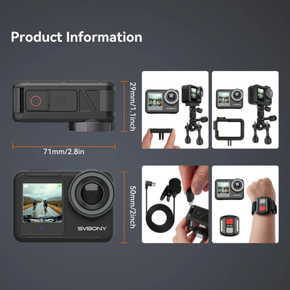 SVBONY SVGo3 Action Camera 4K30 Waterproof Dual LCD Screens Sports Camera with Quick Release Mount for Surfing Cycling Vlog