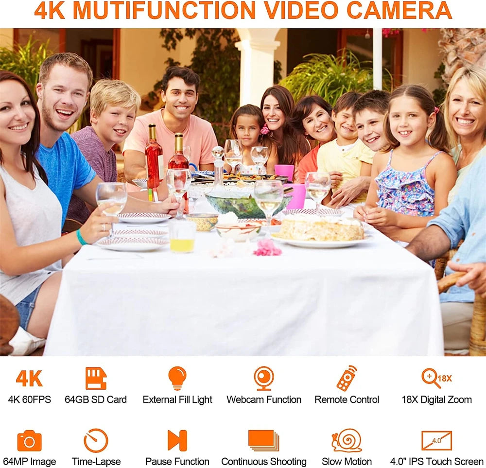 64MP 4K 60FPS Camcorder For Tiktok Youtube Video Camera Rotate Touch Screen Photography Camera WIFI Streaming Webcam Recorder - Universal Market