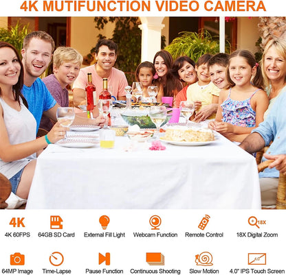 64MP 4K 60FPS Camcorder For Tiktok Youtube Video Camera Rotate Touch Screen Photography Camera WIFI Streaming Webcam Recorder - Universal Market