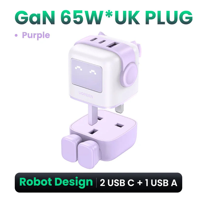 UGREEN 65W GaN Charger Uno Robot Design Quick Charge 4.0 3.0 PPS PD Fast Charger for iPhone 17 16 15 Pro Macbook  Laptop Tablet