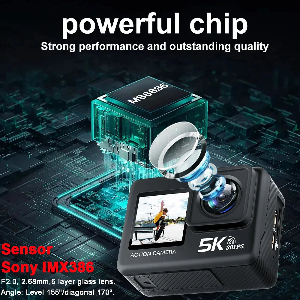 G9SE Action Camera 5K30fps 4K60fps 50MP 2.0 Touch LCD EIS DVR Webcam Dual Screen Wi-Fi 170D Waterproof 30M 5X Zoom Sports Camera