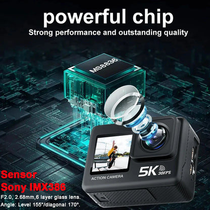 G9SE Action Camera 5K30fps 4K60fps 50MP 2.0 Touch LCD EIS DVR Webcam Dual Screen Wi-Fi 170D Waterproof 30M 5X Zoom Sports Camera