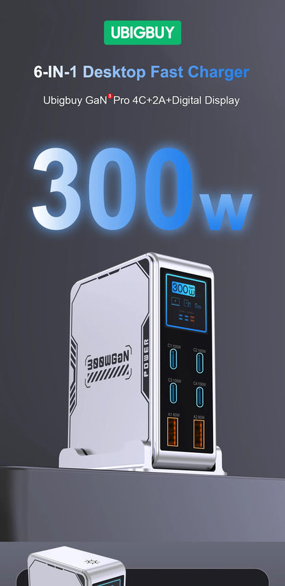 Ubigbuy 300W GaN Charger PPS PD 100W USB Type C 6-Port Digital Display Desktop Fast Charging Station for MacBook iPhone Samsung