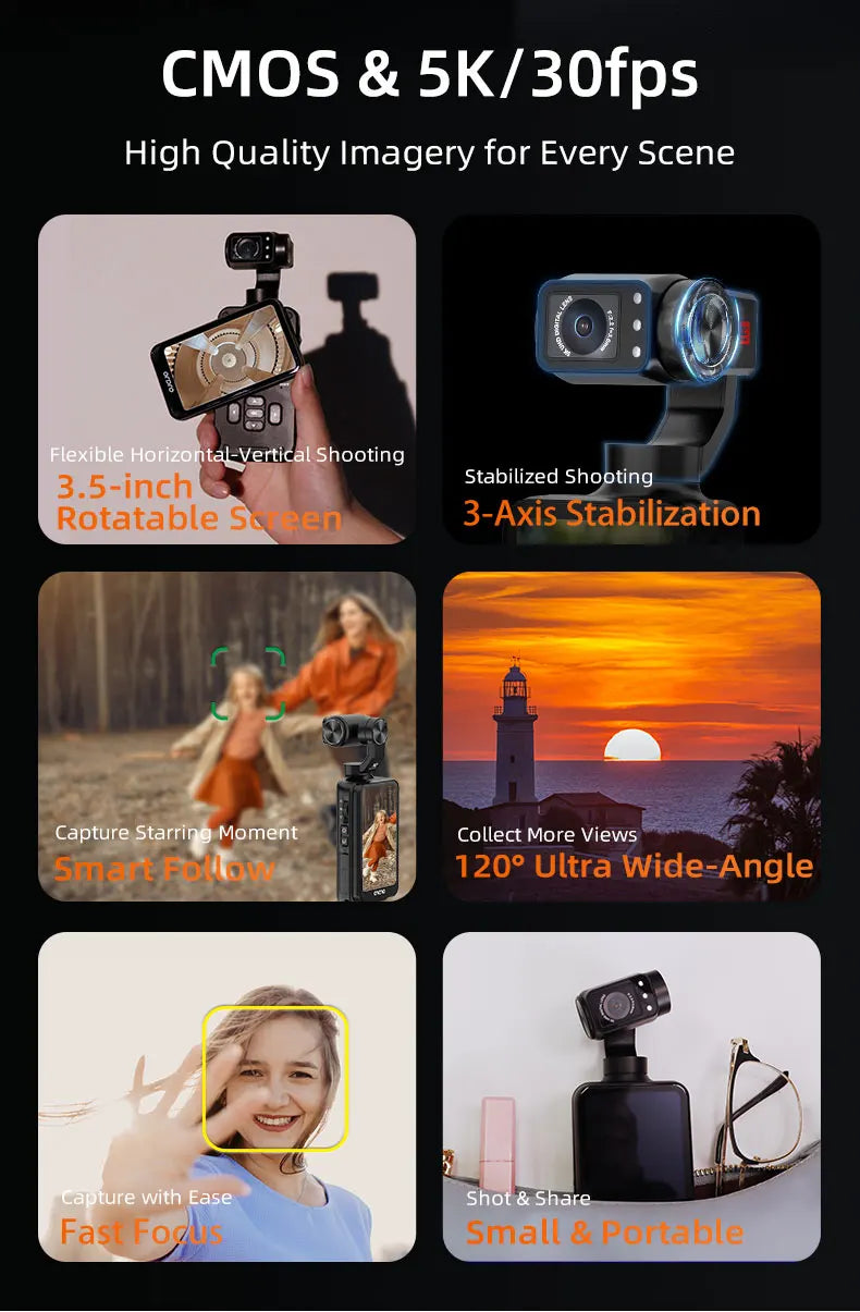 Ordro M5 Vlog Action Pocket Camera 5K 3-Axis Anti-shake Digital Video Camcorder 3.5" Screen Face Tracking IR Night Vison - Universal Market