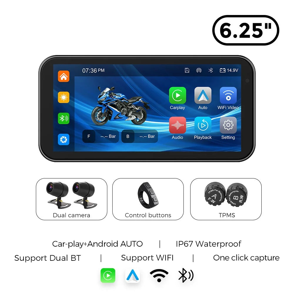 Portable 6.25 inch IP67 Waterproof Motorcycle GPS Navigation Wireless Carplay Android Auto DVR Drive Recorder Moto Monitor WIFI - Universal Market