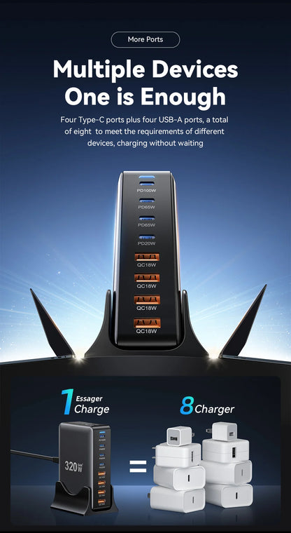 Essager 320W GaN Charger 8Port USB Type C Desktop Charging Station PD 100W Fast Charging For iPhone 17 16 15 iPad MacBook Laptop
