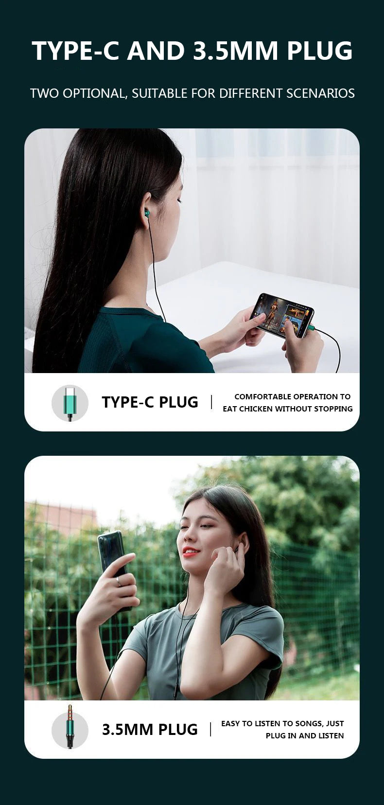 #Type C Headphones HiFi Bass Stereo Volume Control Headset With HD Mic 3.5mm Wired Earbuds For iPhone15/Samsung Galaxy Earphones - Universal Market