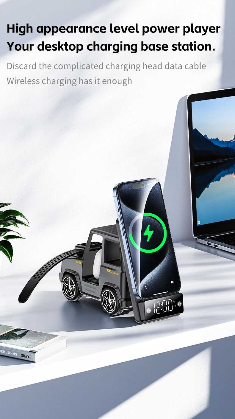 2025 September New Design Double Coil Design Forklift Wireless Charger 6 in 1 Phone Wireless Charger for iPhone Earphone Watch