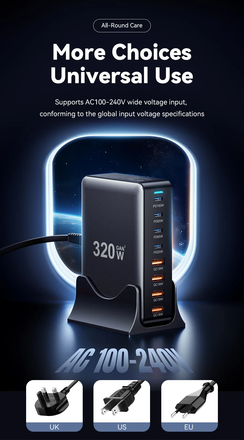 Essager 320W GaN Charger 8Port USB Type C Desktop Charging Station PD 100W Fast Charging For iPhone 17 16 15 iPad MacBook Laptop