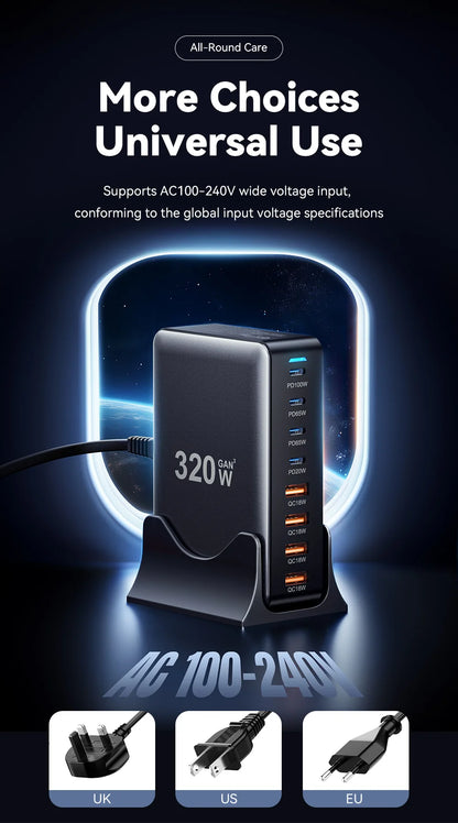 Essager 320W GaN Charger 8Port USB Type C Desktop Charging Station PD 100W Fast Charging For iPhone 17 16 15 iPad MacBook Laptop