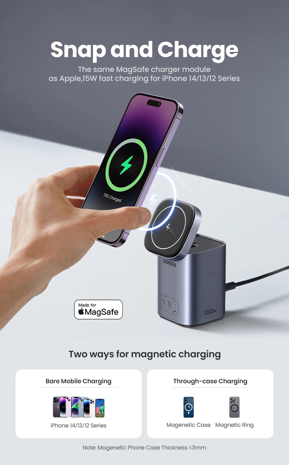 UGREEN GaN 100W Desktop Charger MFi Magnetic Wireless Charger for iPhone 17 16 15 Fast Charger Power Station for Laptop Notebook