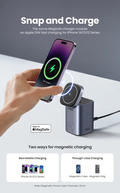 UGREEN GaN 100W Desktop Charger MFi Magnetic Wireless Charger for iPhone 17 16 15 Fast Charger Power Station for Laptop Notebook