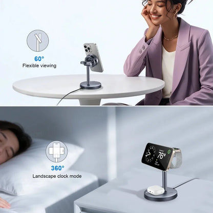 3 in 1 Qi2 15W Magnetic Wireless Charger Phone Stand For Magsafe iPhone 17-12 Pro Max 14 13 12 Apple Watch 10~2 AirPods 4 Pro
