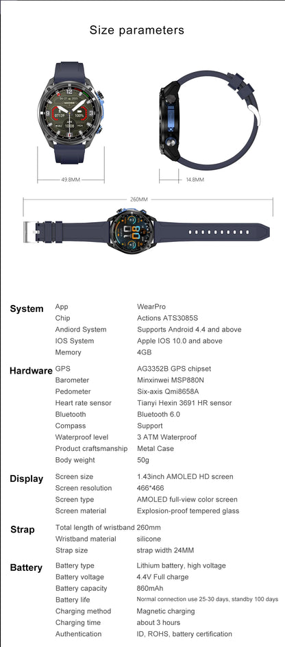 2025 NEW GPS Smart Watch with Offline Map 30m Waterproof 860mAh Big Battery Military Smartwatch Men 4GB Storage Video Player