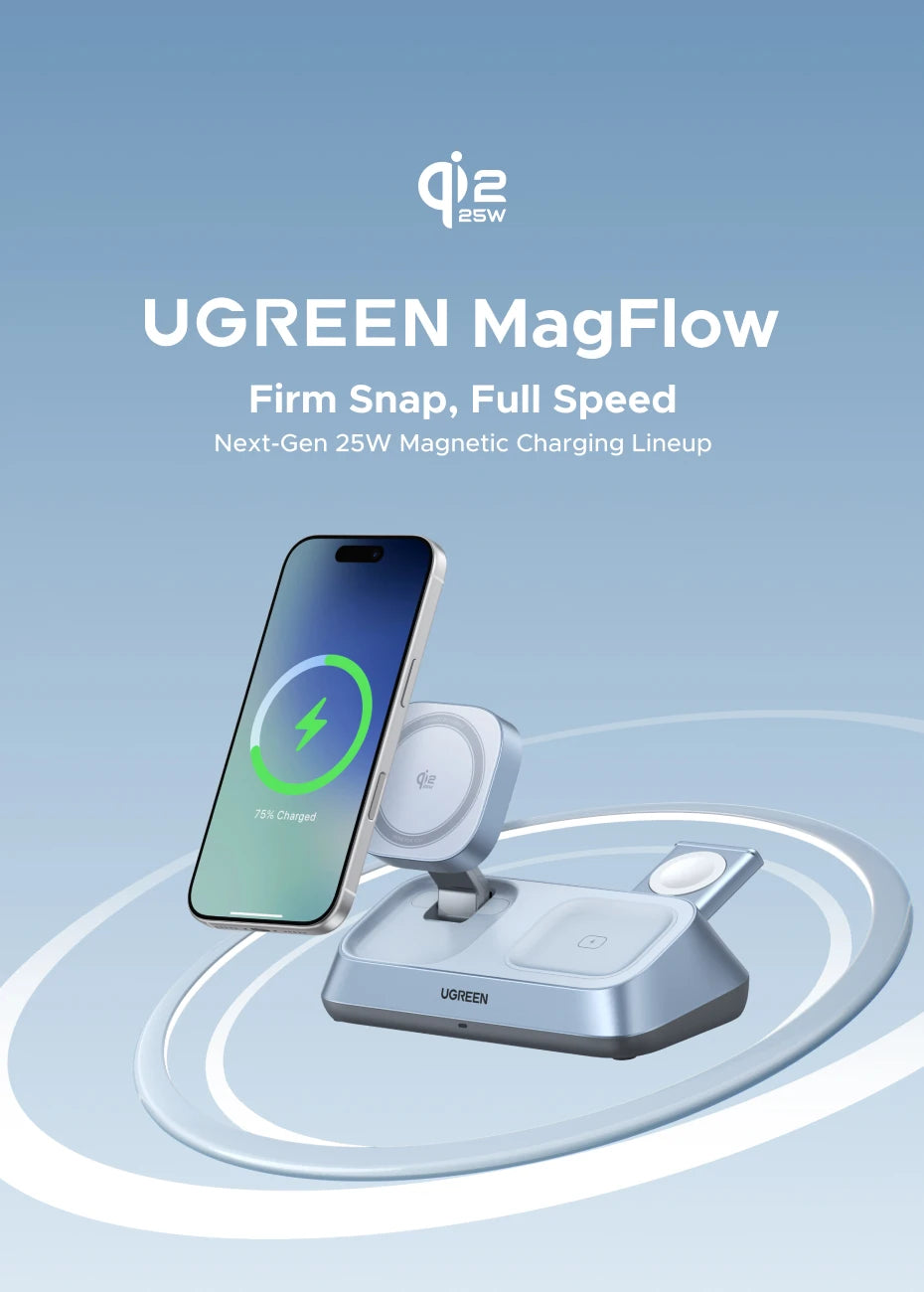 UGREEN Qi2 25W MAX Magnetic Wireless Charger Stand 3- in-1 Charging For iPhone 17 Pro Max/AirPods 4 For MagSafe Fast Charger