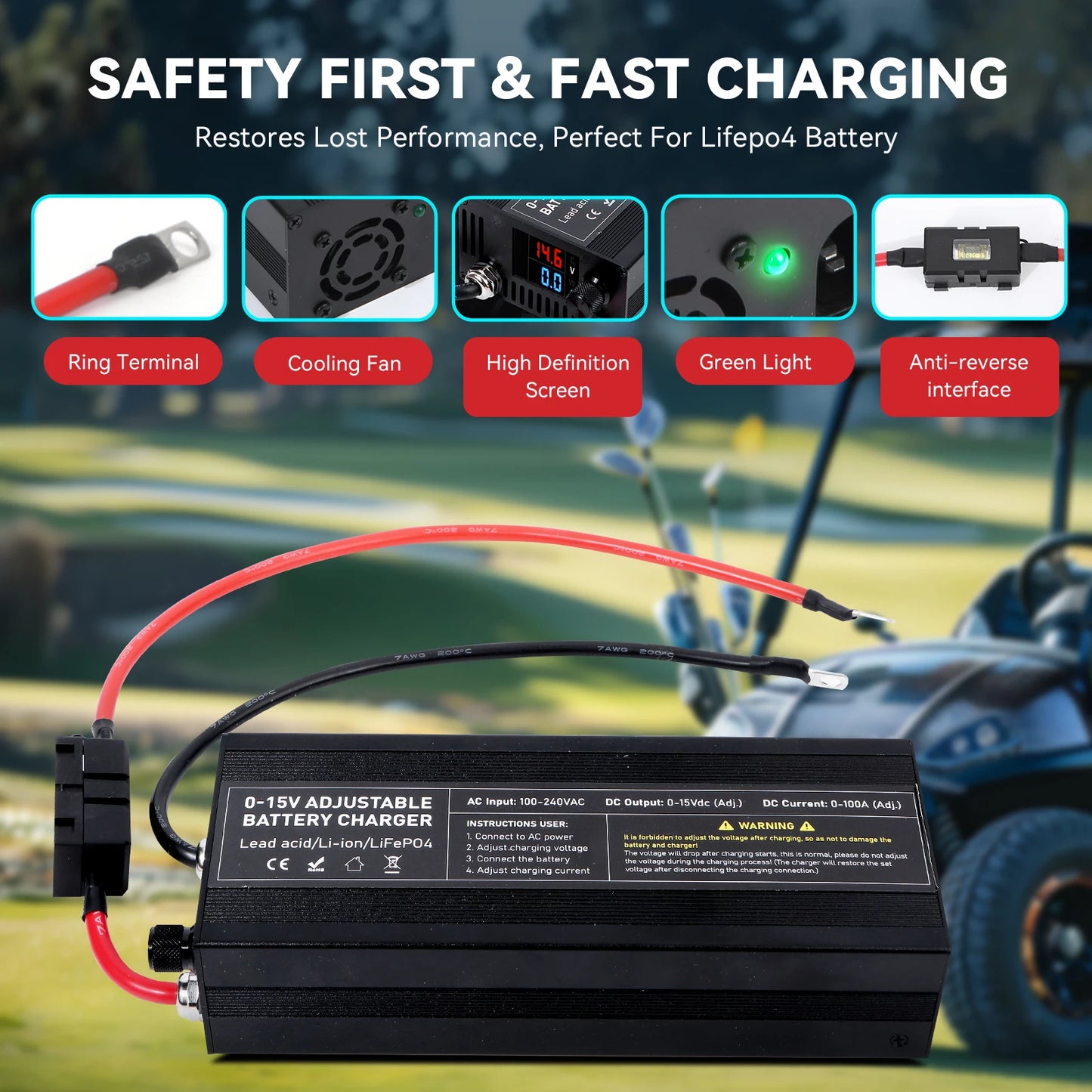 12V LiFePO4 Battery  60A 100A Anti reverse connectionAdjustable voltage and current Fast  Large Screen Display Charger